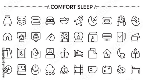 Sleep Icons Set for Bedtime, Relaxation, Rest and Wellness Concepts