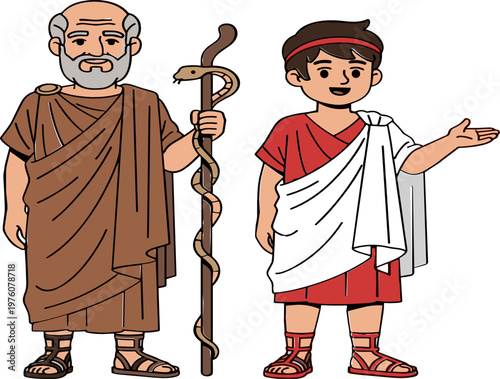 Ancient Greek Philosopher and Student Characters in Traditional Clothing with Staff Illustration, Educational History Concept, Classical Civilization People Vector Design
