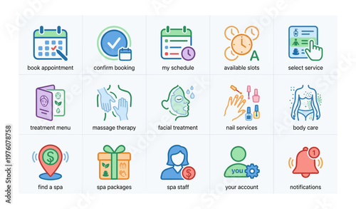 Spa booking management icons for appointments and services