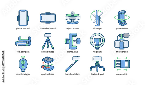 Photography equipment icons: tripod, clamp, microphone, remote, ring light