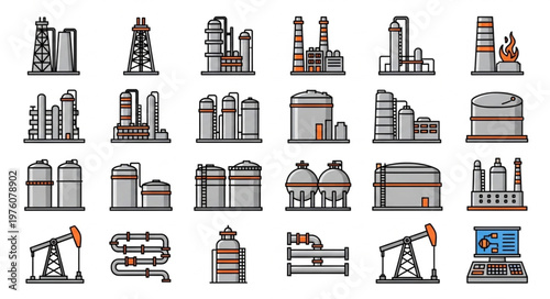 Collection of Oil and Gas Industry Icons - Refineries, Tanks, and Equipment.