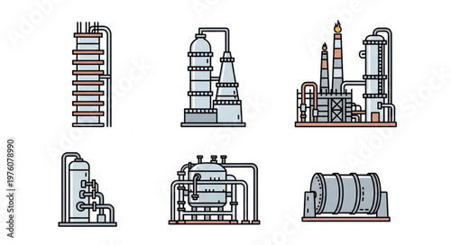 Oil Refinery Plant Illustrations - A Collection of Industrial Structures.