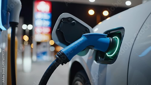 An electric vehicle is being charged at a public charging station, showcasing the transition towards sustainable transportation and renewable energy.
