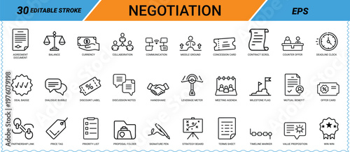 Negotiation icons set with editable stroke and white background Keywords: agreement icon set