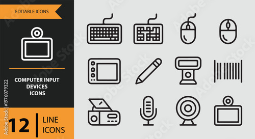 12 Computer Input Devices Icons outlne icon set. user input peripherals typing control devices outline icons