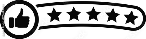 Five star rating badge vector with thumbs up icon, customer review symbol, and feedback quality indicator design