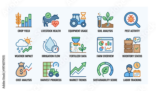 Farm management icons: crop yield, livestock health, equipment usage, soil analysis, pest activity