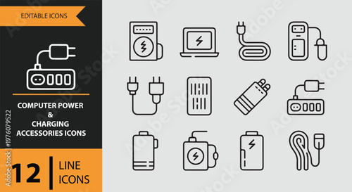 12 Computer Power and Charging Accessories Icons outlne icon set. energy supply charging equipment pc power outline icons