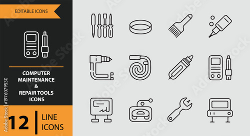 12 Computer Maintenance and Repair Tools Icons outlne icon set. technical repair toolkit hardware service outline icons