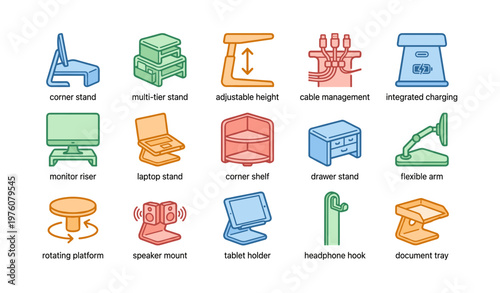 Variety of office accessories for organization and device support