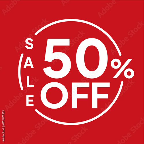 White fifty percent off sale graphic in a circular frame on red background