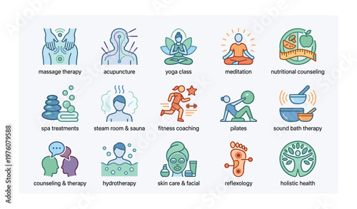 Wellness and holistic health icons featuring yoga, meditation, and spa treatments
