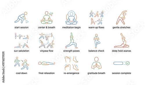 Yoga sequence icons: meditation, stretches, balance, relaxation, breathing