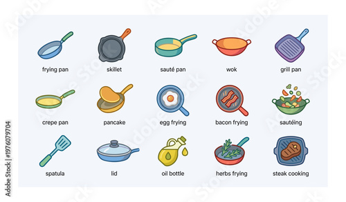 Collection of colorful cooking utensil icons featuring pans, skillet, wok, and more