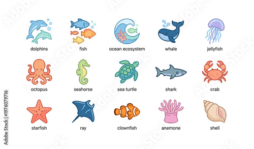Ocean creatures: dolphins, fish, whale, jellyfish, sea life icons