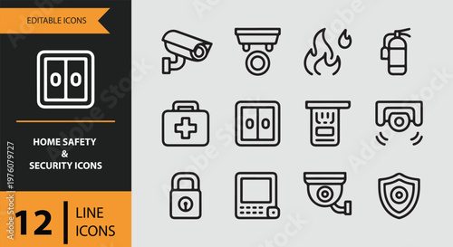 12 Home Safety and Security Icons outlne icon set. residential protection alarm surveillance safety outline icons