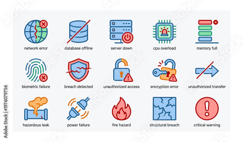 Network error icons: data breach, cpu overload, security threats