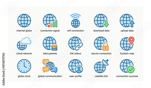 Internet connection and data transfer icons set