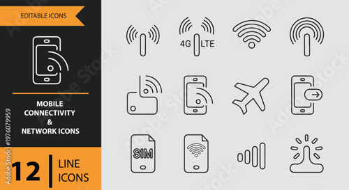 12 Mobile Connectivity and Network Icons outlne icon set. wireless communication signal mobile network outline icons