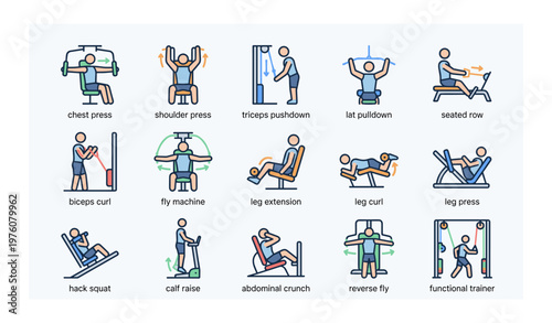 Fitness equipment workout icons featuring various exercise machines