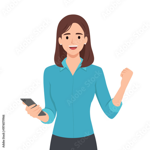 Happy businesswoman holding smartphone celebrating success, smiling professional using mobile app. Flat vector illustration isolated on white background