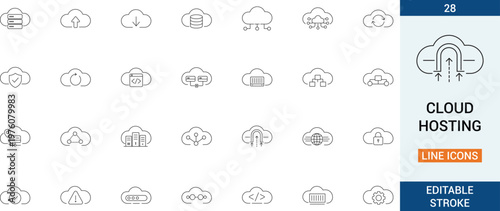 Professional cloud hosting outline icons covering infrastructure, servers, storage, security, and deployment. Ideal for dashboards, apps, and modern web hosting interfaces.