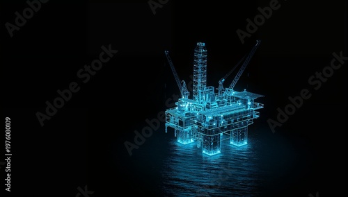 Digital Blueprint of Offshore Oil Rig in Dark Background