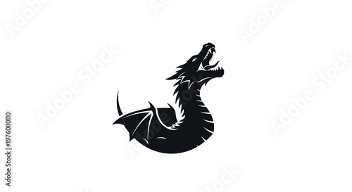 Black Dragon Silhouette Roaring on White Background, Mythical Creature Art