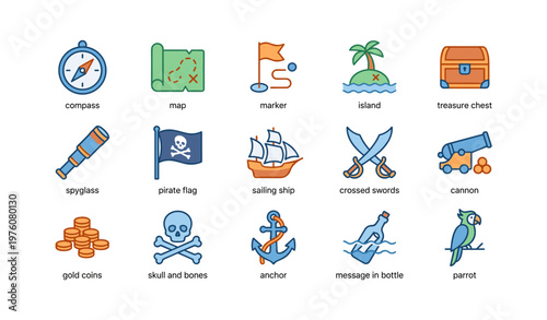 Pirate adventure icons: compass, map, ship, treasure, and swords