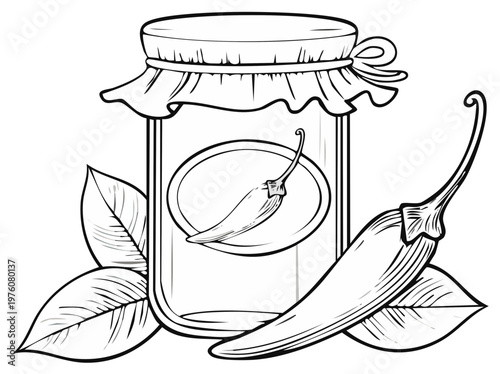 Spicy Pepper Chili Canning Still Life with Fresh Pickled Hot Peppers and Leaves Illustration