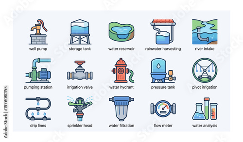 Water management icons set: storage, filtration, irrigation, pumping systems, analysis