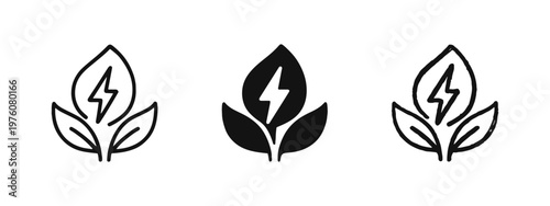 Green energy leaf with lightning icon set, sustainable power and bioenergy symbols in various styles.