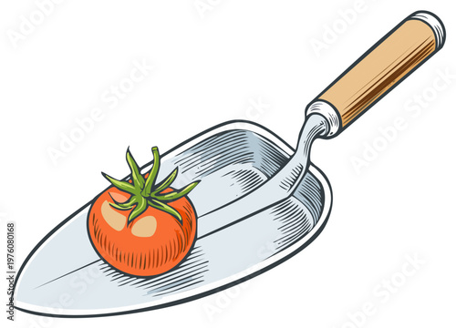 Tomato on Metal Trowel with Wooden Handle Gardening Hand Tool Illustration