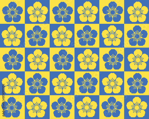 Modern pop art style floral wallpaper featuring high contrast cherry blossoms