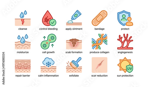 Wound care icons: healing, protection, and recovery stages illustrated