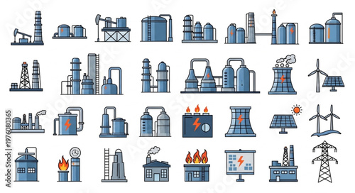 Collection of Industrial Plant and Energy Production Icons.