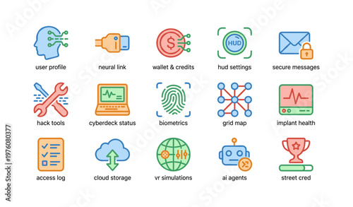 Futuristic icons: neural link, biometrics, ai agents, hud settings, secure messages