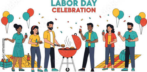 Diverse group of people enjoying labor day celebration with barbecue and balloons fostering festive atmosphere and community spirit