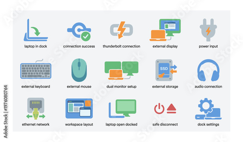 Technology icons featuring laptop dock, connections, and external devices