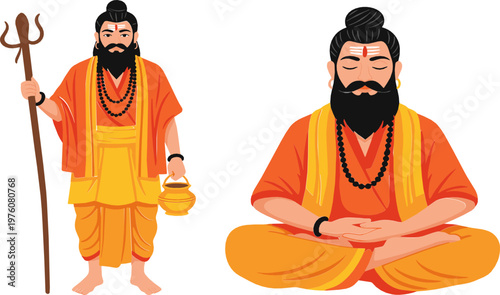 Illustration of Hindu Sadhu with Trident and Water Pot in Traditional Orange Robes for Spiritual, Meditation, and Cultural Designs