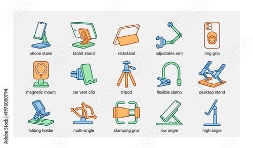 Phone and tablet stands with tripods and clamps for versatile device support