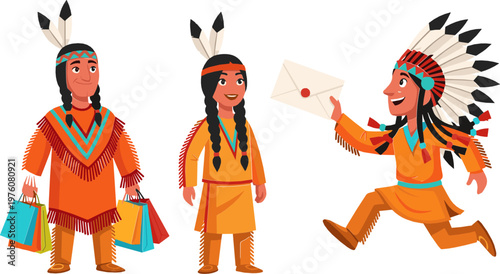 Illustration of Native American Children in Traditional Clothing and Headdresses for Cultural, Heritage, and Educational Designs