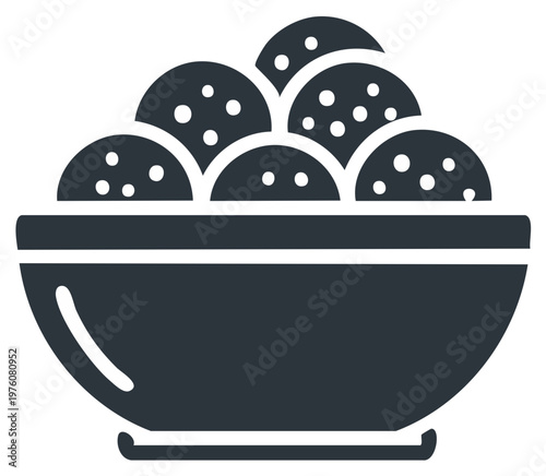 Dark icon of a bowl filled with dotted spherical food items, representing a culinary dish or snack