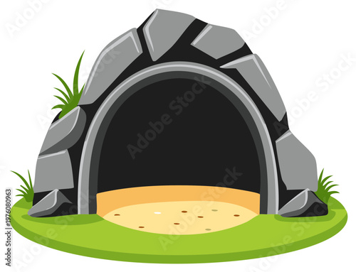 Vector cartoon cave entrance with stone arch, dark opening, green grass, and sandy ground