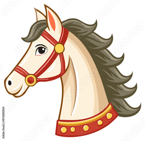 Playful cartoon horse head illustration with decorative bridle and collar, classic carousel art
