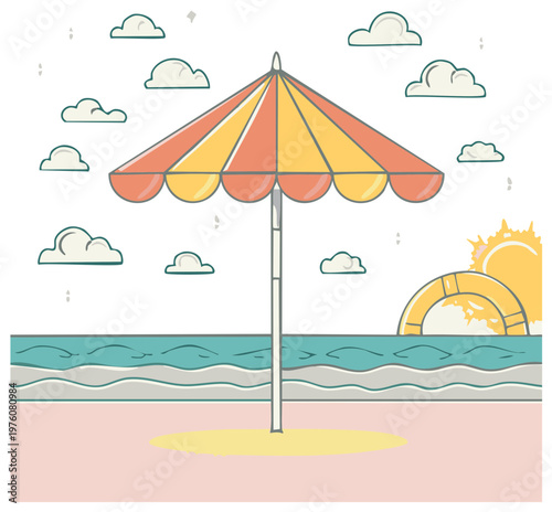 Sunny beach scene with striped umbrella, ocean waves, fluffy clouds, and life preserver