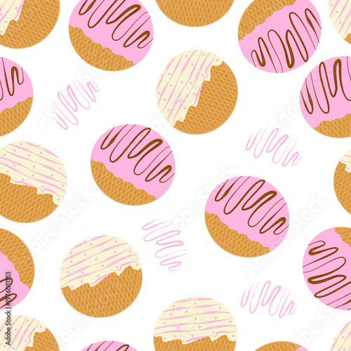 A seamless pattern of round cookies with pink strawberry icing, white icing, and chocolate drizzle. Hand-drawn vector illustration for frozen food packaging, paper wrapping, textile prints, and culina
