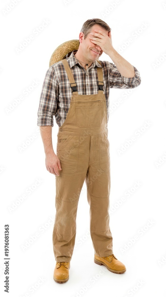 Fototapeta premium Farmer covering face, seemingly hesitant or overwhelmed.