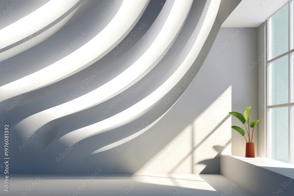 Fototapeta premium Minimal interior with abstract shadow patterns on wall from window light and potted plant