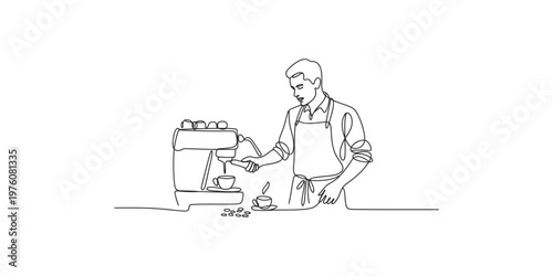 Man in apron using espresso machine to make coffee in a cup on saucer barista